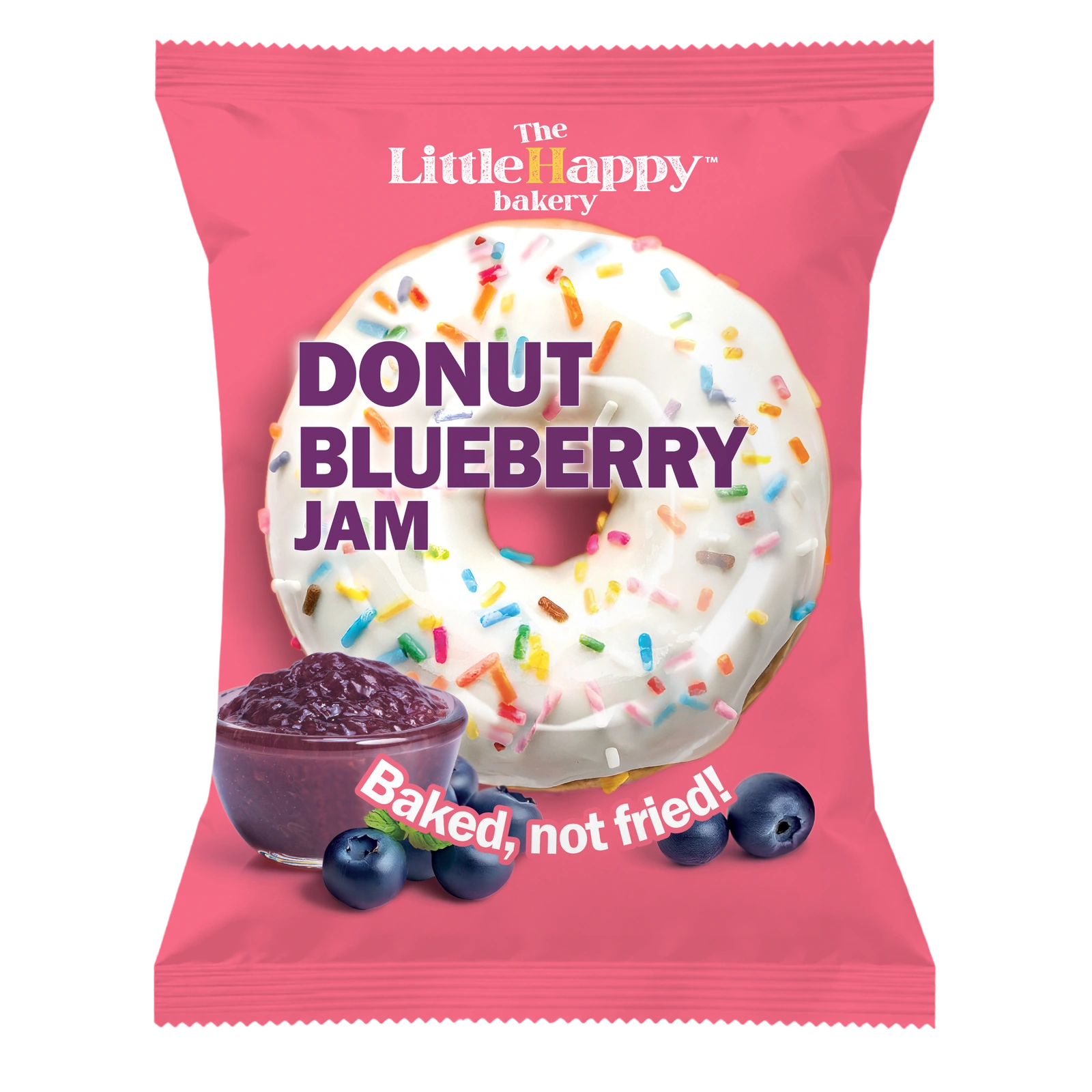 The original pink LittleHappy Blueberry Jam Donut pack with purple lettering, a white-glazed donut, colourful sprinkles and blueberries.
