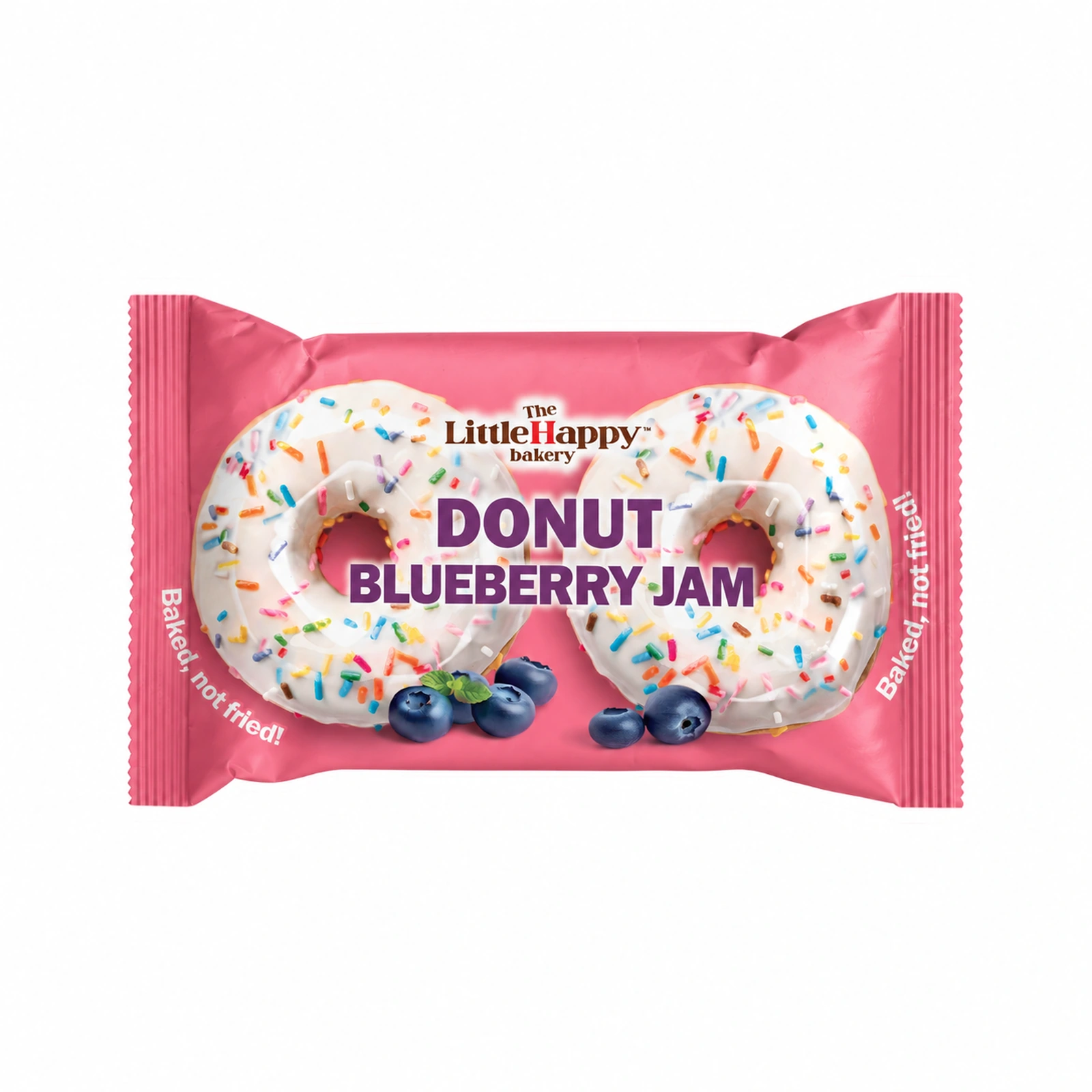 Original horizontal pink double-donut pack with Blueberry Jam lettering, white-glazed donuts, sprinkles and blueberries.