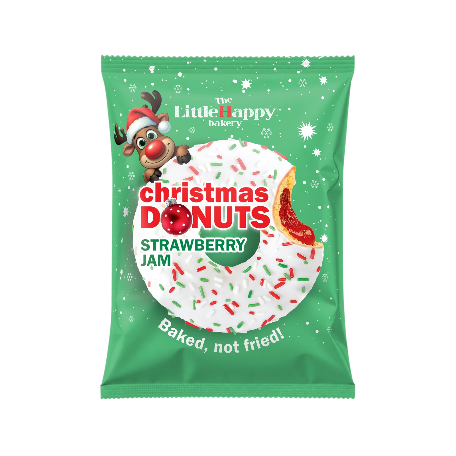 Original green LittleHappy Christmas Donuts Strawberry Jam pack with a festive reindeer and a white-glazed donut.