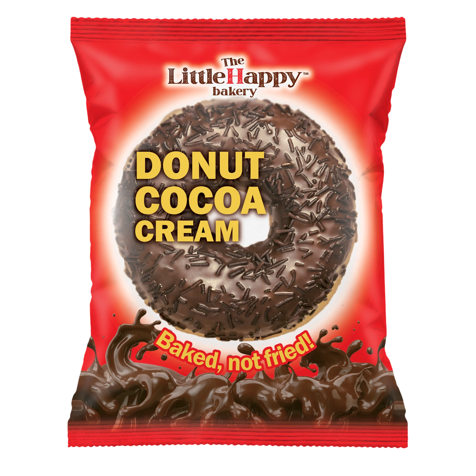 The original red LittleHappy Cocoa Cream Donut pack with a cocoa-glazed donut and chocolate-coloured sprinkles.