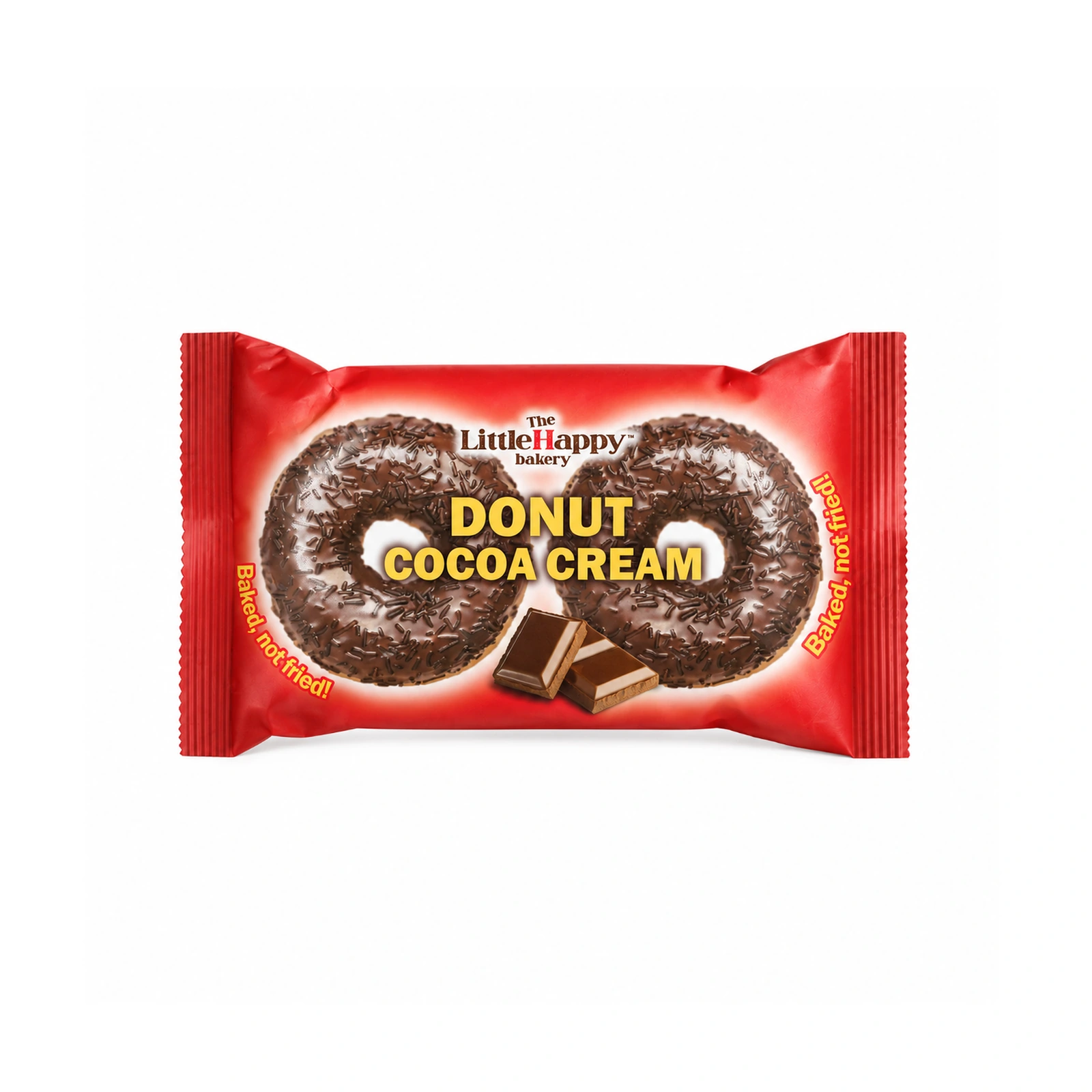 Original horizontal red double-donut Cocoa Cream pack with two cocoa-glazed donut images and yellow lettering.
