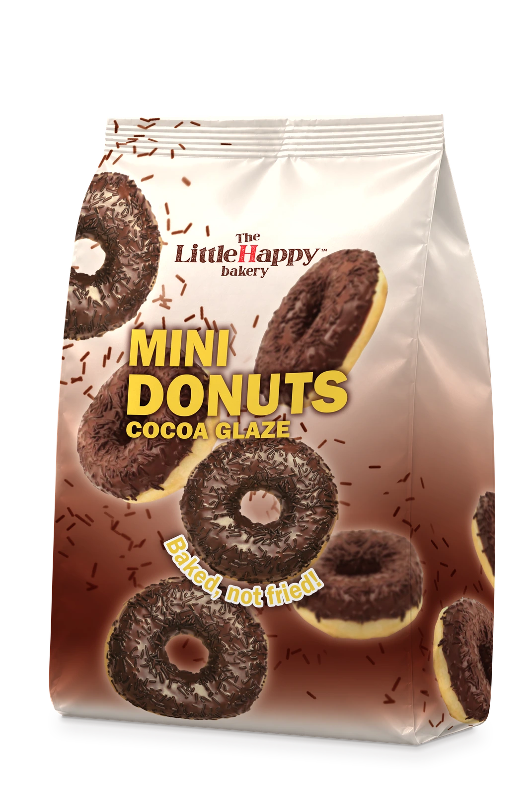 Original cream-and-brown LittleHappy Mini Donuts Cocoa Glaze bag with cocoa-glazed mini donuts and sprinkles.