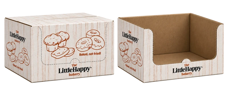50 g glazed donuts · 60 g filled and seasonal donuts · muffins: Original closed box and open shelf-ready tray.