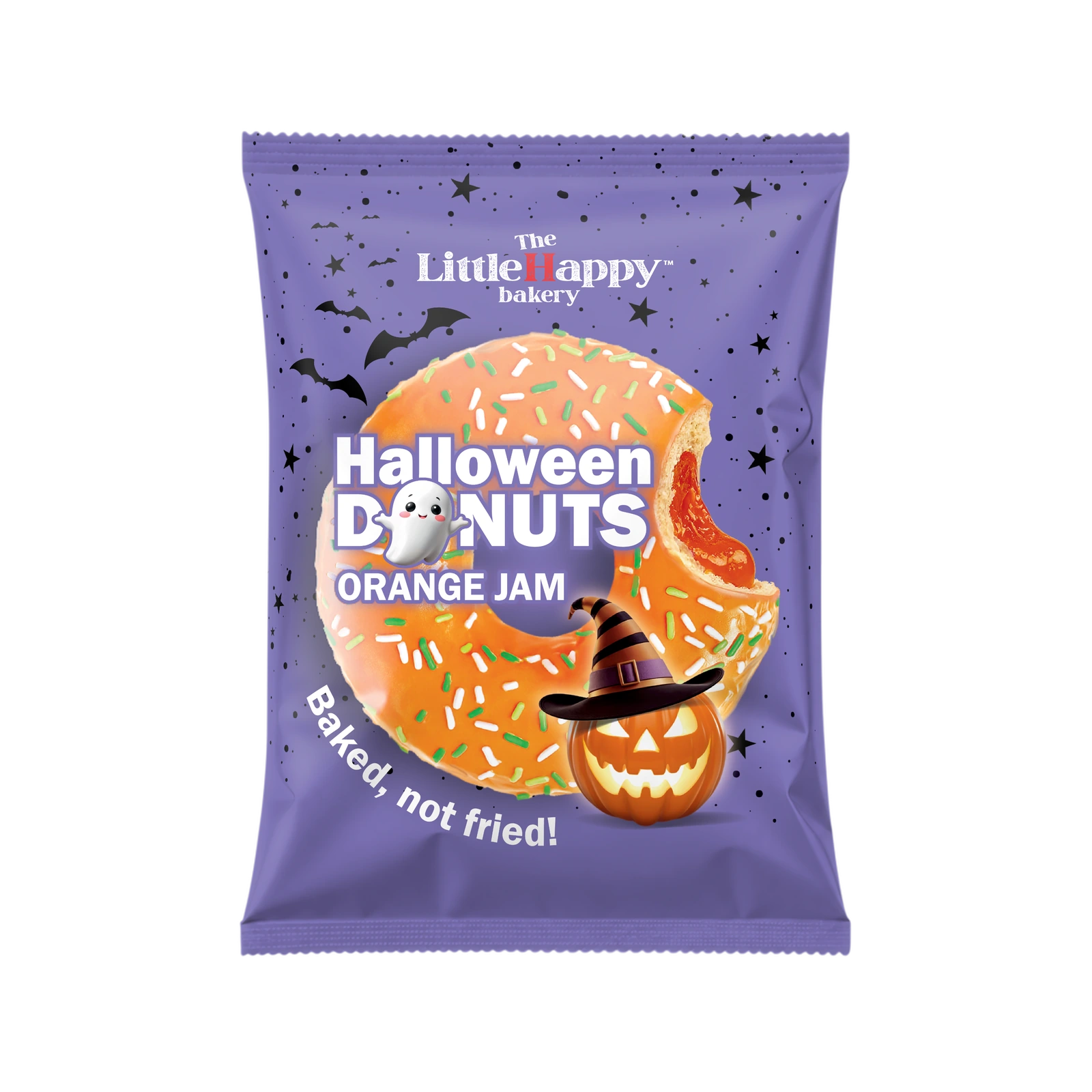 Original purple LittleHappy Halloween Donuts Orange Jam pack with bats, stars and a jack-o-lantern.
