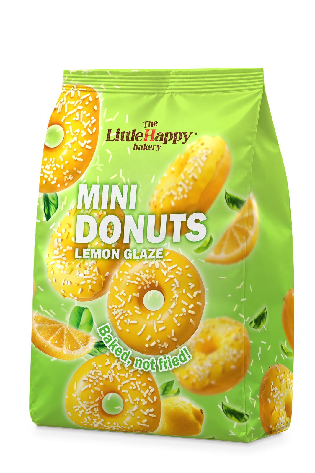 Original green LittleHappy Mini Donuts Lemon Glaze bag with yellow-glazed mini donuts and citrus artwork.