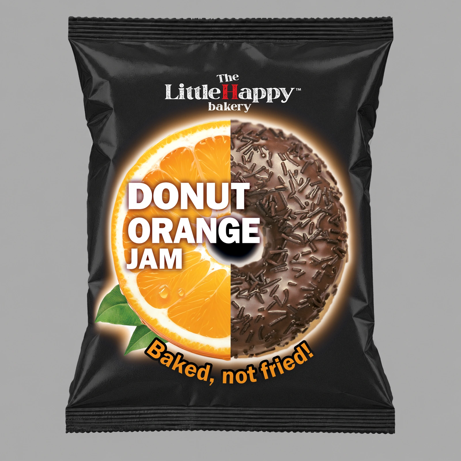 The original black LittleHappy Orange Jam Donut pack featuring half an orange slice and half a cocoa-glazed donut.