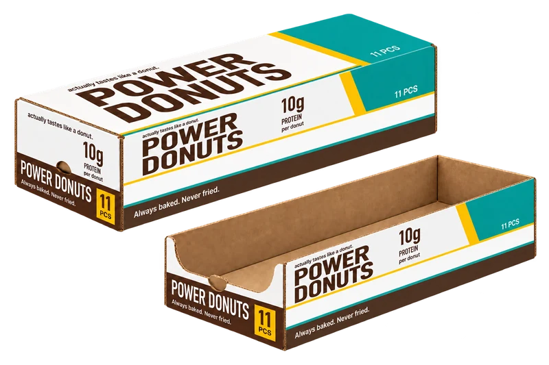 67 g Power Donuts · 11 individually wrapped donuts per case: Original closed box and open shelf-ready tray.