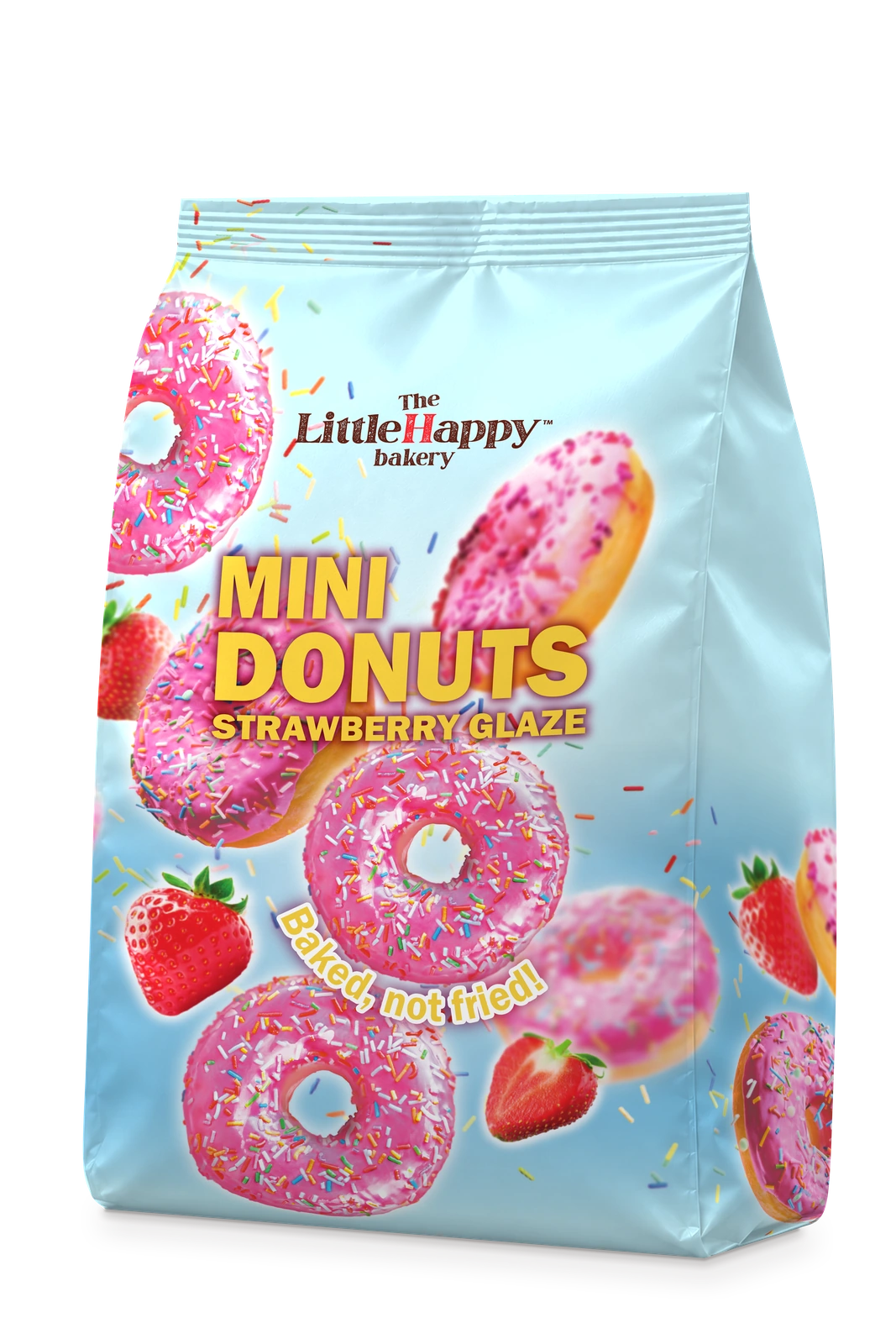 The original aqua LittleHappy Mini Donuts Strawberry Glaze bag with pink-glazed mini donuts, colourful sprinkles and strawberries.