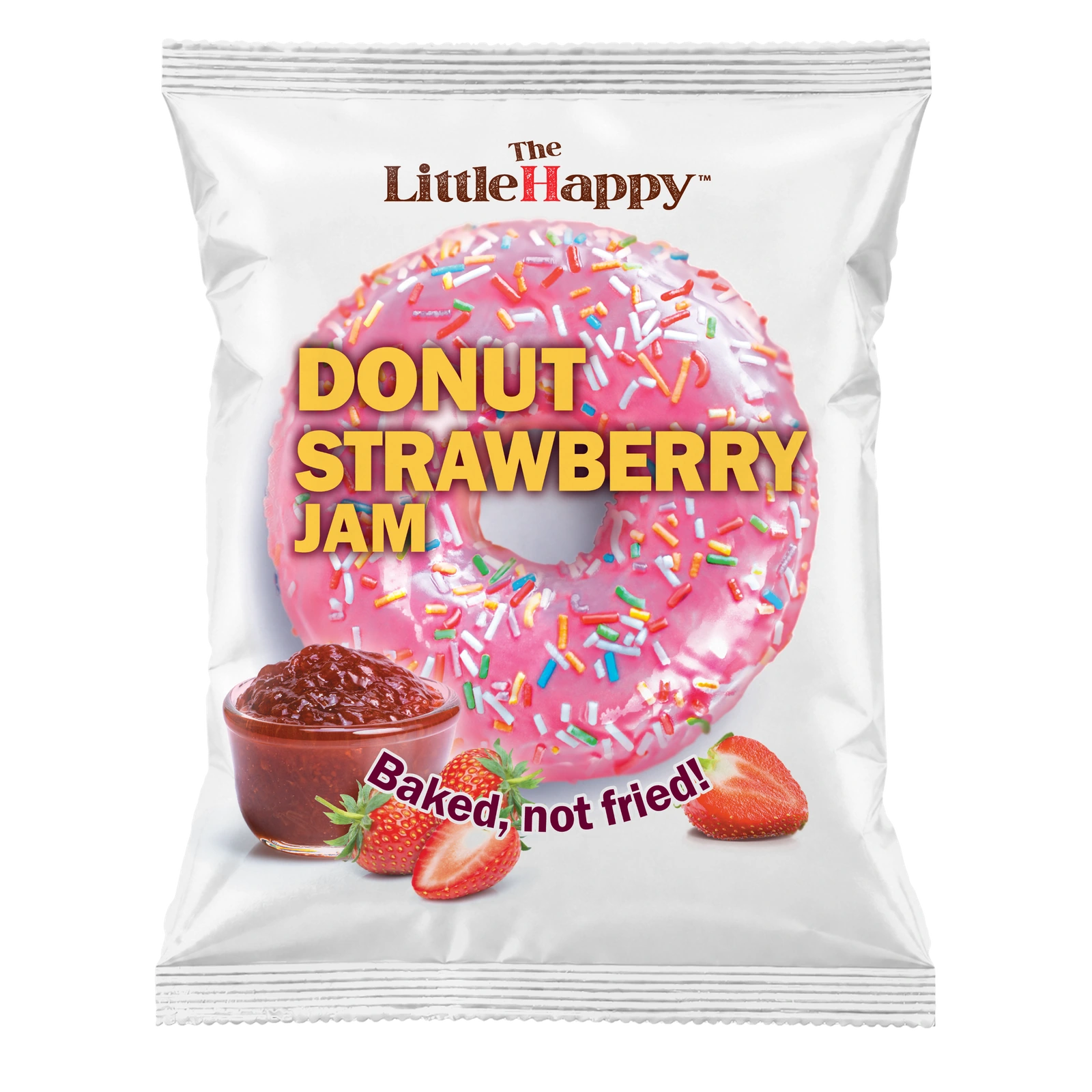 The original white LittleHappy Strawberry Jam Donut pack with a pink-glazed donut, colourful sprinkles, strawberries and strawberry jam.