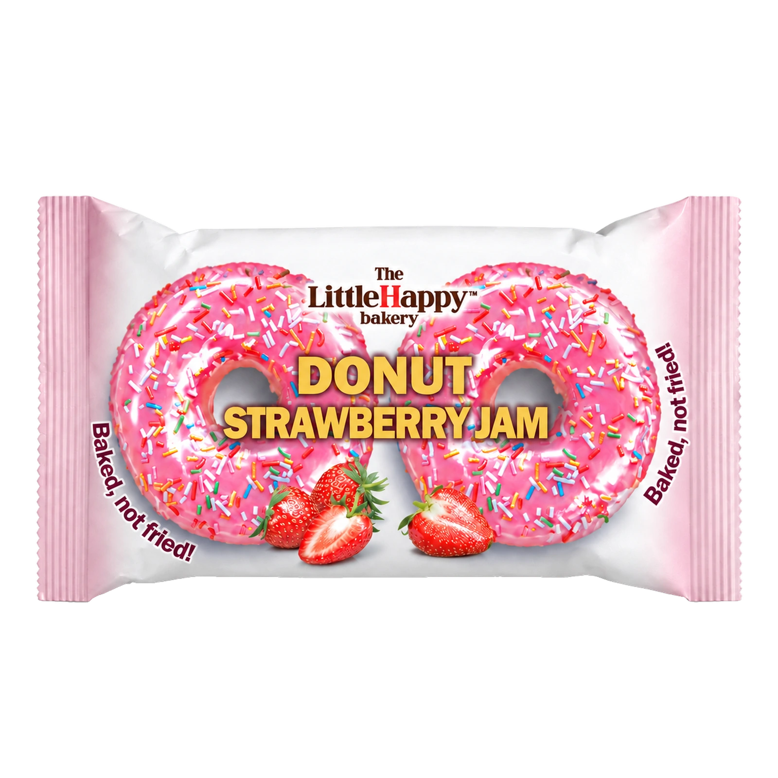 Original white-and-pink horizontal Strawberry Jam double pack with two pink-glazed donuts, colourful sprinkles and strawberries.